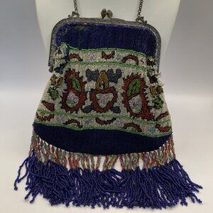 Antique Hand Beaded Bag/Purse wit Silver Frame Boho Grannycore Art Deco Reticule